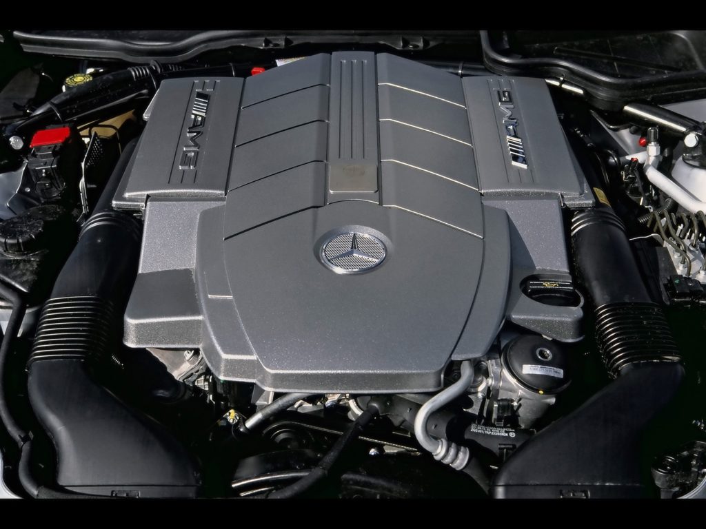 A close-up of a Mercedes Benz engine.